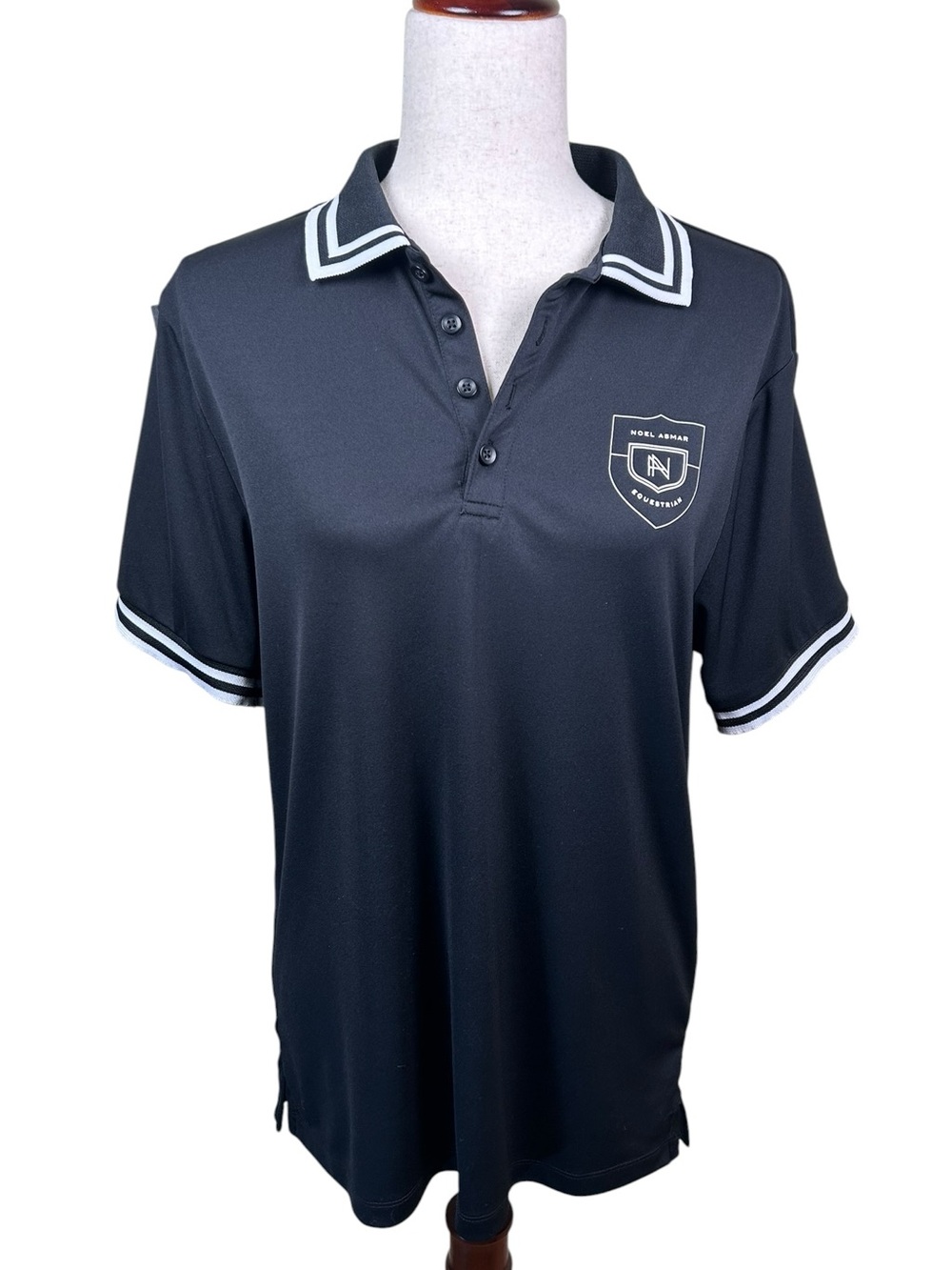 NOEL ASMAR Equestrian Sport Lux Polo Shirt Black White Trim UPF 50 Medium - Picture 2 of 8